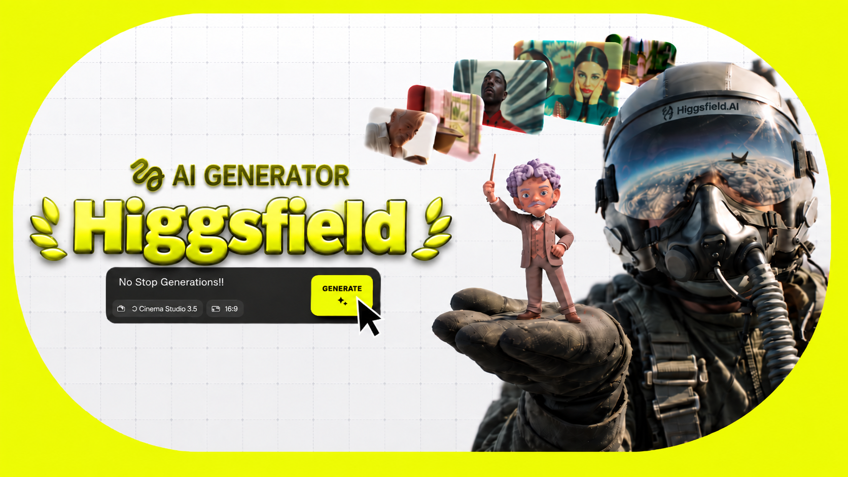 Higgsfield-Key-Visual mit Generator-Eingabefeld, Pilotenfigur und Beispielbildern auf gelbem Hintergrund