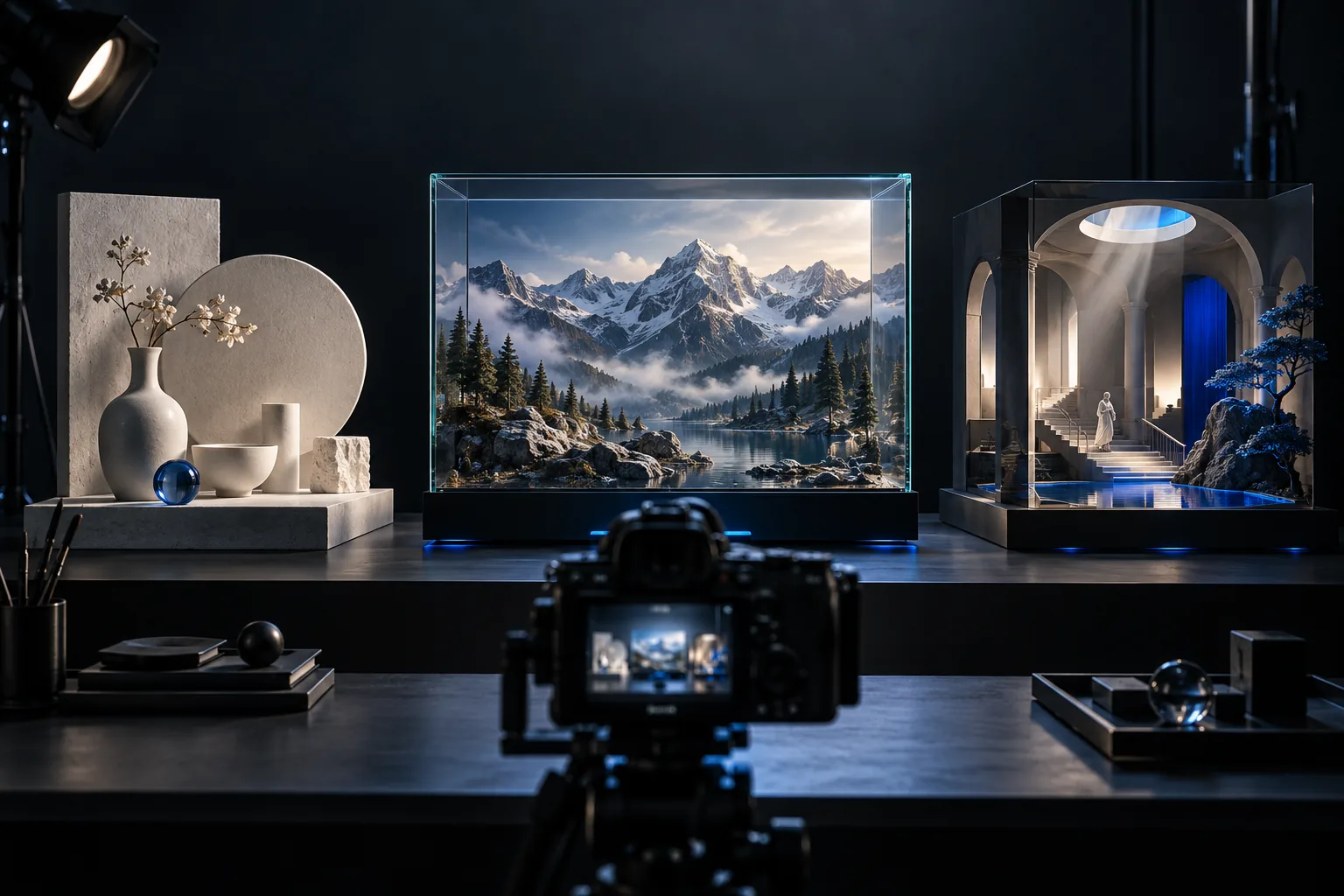 Drei unterschiedliche Miniatur-Szenen für Produktbild, Landschaft und Filmgestaltung