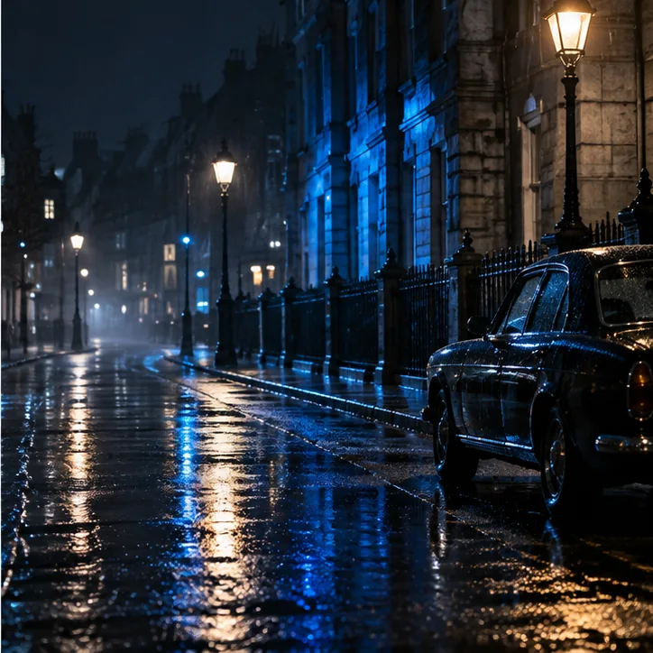 Nasse Straße bei Nacht mit blauen Lichtreflexen