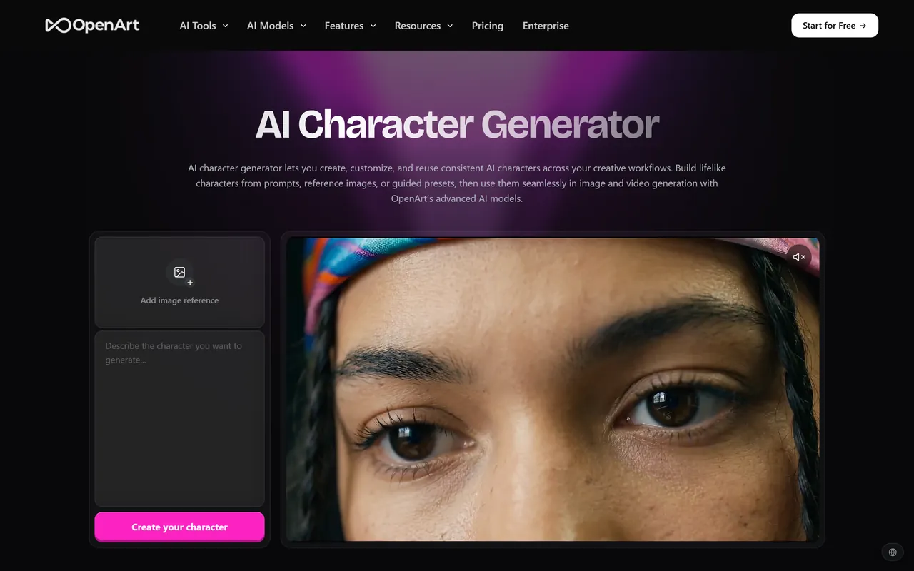OpenArt-Webseite mit dem AI Character Generator und einem Figurenbeispiel